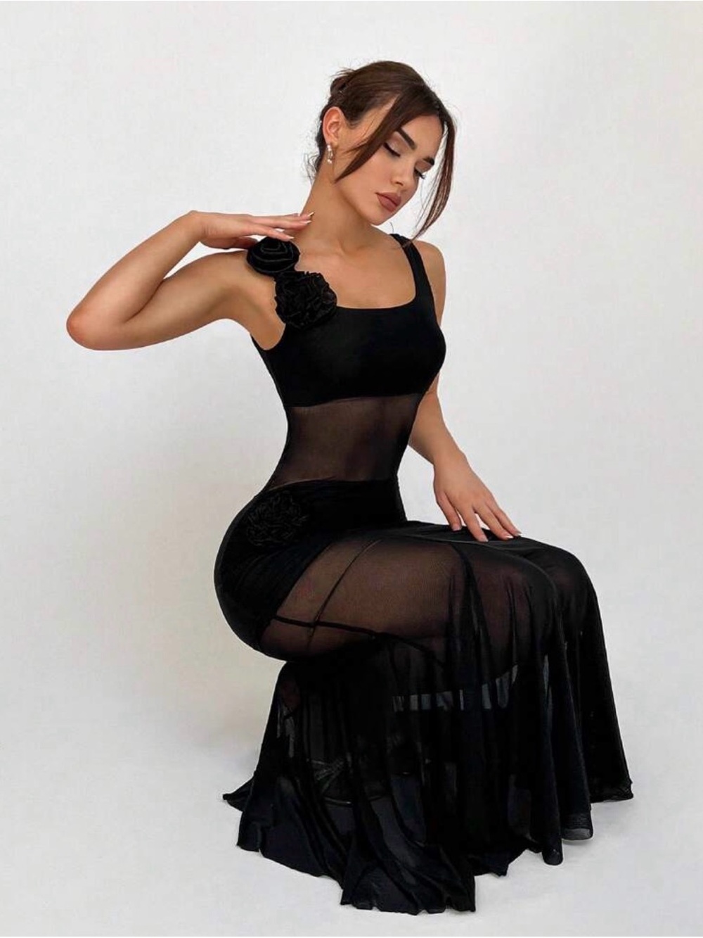 NWOT SHEIN Alorah Black Sheer Mesh Maxi Dress with Floral Applique